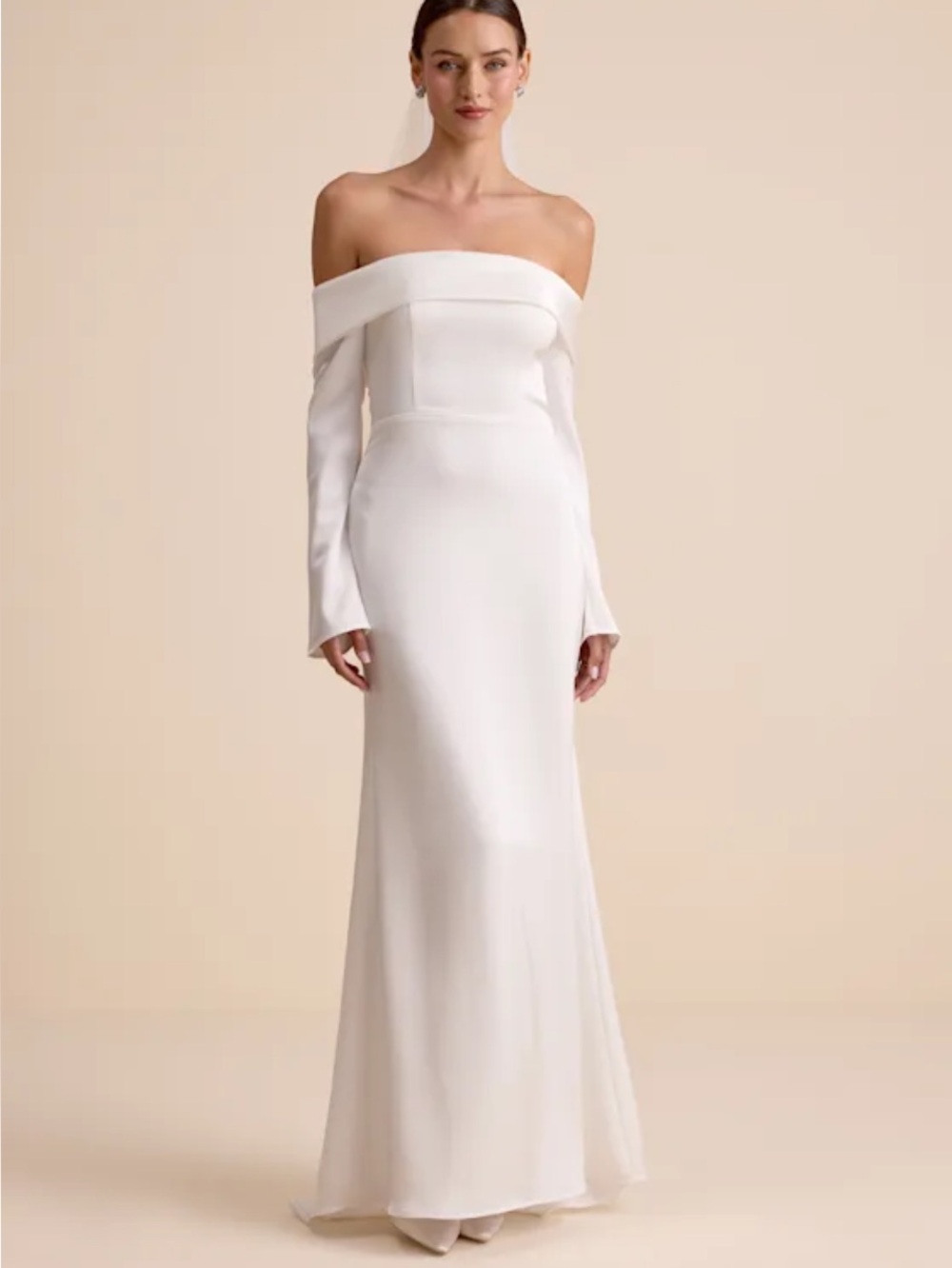New Lulus Saintclair Off-Shoulder Long Sleeve Maxi Satin Bridal Gown Sz Medium